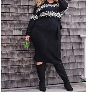 Lane Bryant Black and White Fair Isle Crew-Neck Sweater Dress